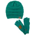 C.C Unisex Soft Stretch Cable Knit Beanie and Anti-Slip Touchscreen Gloves 2 Pc Set, Sea Green