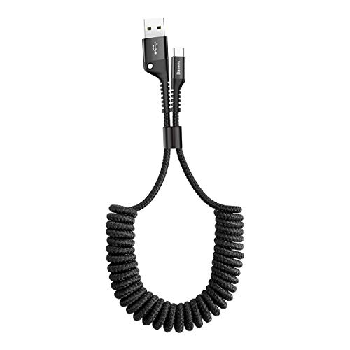Baseus USB Type C Cable for Car, Retractable Cable(3FT) Curly USB A to USB-C Fast Charger Cord Compatible Samsung Galaxy S10 S9 S8 Plus Note 9 8, Moto Z, LG5/G6/V20, USB C Devices (Black)