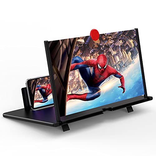 12" 3D HD Mobile Phone Magnifier Projector Screen for Movies, Videos, and Gaming - Foldable Phone Stand with Screen Amplifier - Supports All Smartphones (Black)