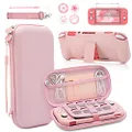 BRHE Pink Travel Carrying Case Accessories Kit for Nintendo Switch Lite, Hard Protective Cover Skin Shell with Stand, Glass Screen Protector, Sakura Thumb Grip Caps 9 in 1