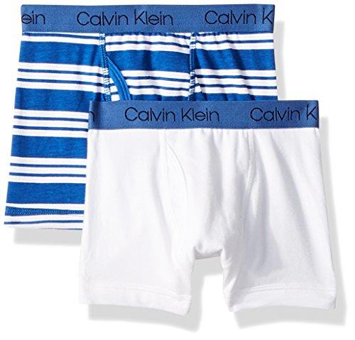 Calvin Klein Boys' Assorted Boxer Briefs (Pack of 2), 2 Pack - Blue and White Stripe, White with Blue Logo Band, Small