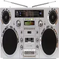 GPO Brooklyn 1980s Style Boombox CD Tape Player, Portable Dab Radio with FM and DAB+ Radio, USB Recording, Bluetooth Receiver, AUX-in, Twin Speakers, Silver Voltage AC 100-240v 50/60HZ