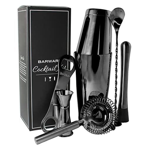 Barware Black Chrome Cocktail Kit 7pc with Boston & Toby Tin Shaker Set, Japanese Jigger 15/30ml, Hawthorn Strainer, Muddler, Bar Spoon & Bar Blade in Gift Box