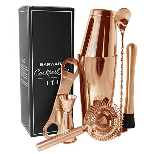 Barware Copper Cocktail Kit 7-Piece Set with Boston Shaker & Toby Tin Set, Japanese Jigger 15/30ml, Hawthorn Strainer, Muddler, Bar Spoon & Bar Blade in Gift Box