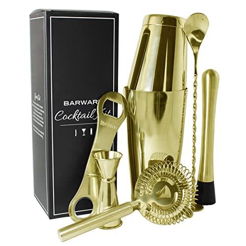 Barware Gold Cocktail Kit 7-Pieces Set with Boston Shaker Set with Toby Tin, Jigger 15/30ml, Hawthorn Strainer, Muddler, Bar Spoon & Bar Blade in Gift Box.