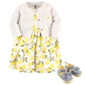 HUDSON BABY Baby Girls Cotton Dress, Cardigan and Shoe Set Casual Dress, Lemon, 12-18 Months US