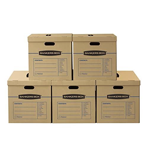 Bankers Box 5 Pack Large Classic Moving Boxes, Tape-Free with Reinforced Handles