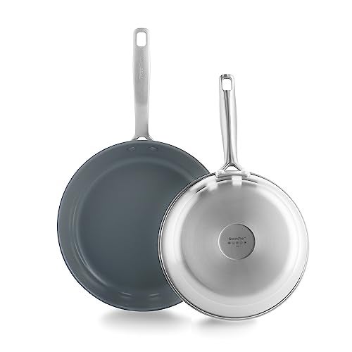 GreenPan Treviso Stainless Steel Induction Suitable Healthy Ceramic Nonstick, Frying Pan/Skillet Set, 24 cm and 28 cm, Silver
