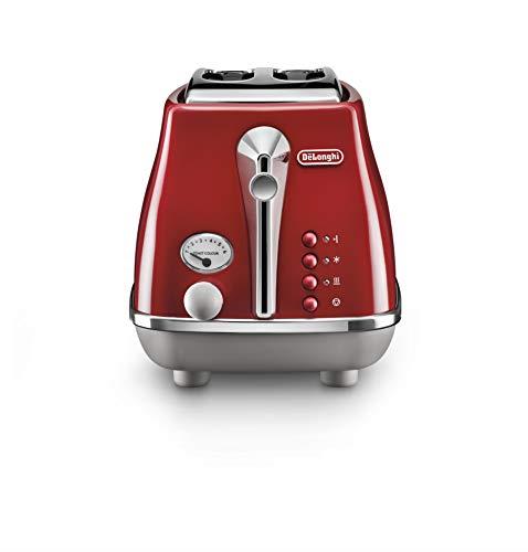 De'Longhi Icona Capitals 2 Slice Toaster, CTOC2003.R, 2 Slot Toaster with Reheat, Bagel, Cancel, and Defrost Functions, 6 Browning Levels, 900 W, Pull Crumbs Tray, Stainless Steel, Red