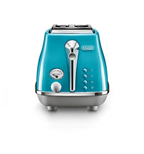 De'Longhi Icona Capitals 2 Slice Toaster, CTOC2003.AZ, 2 Slot Toaster with Reheat, Bagel, Cancel, and Defrost Functions, 6 Browning Levels, 900 W, Pull Crumbs Tray, Stainless Steel, Azure