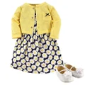 HUDSON BABY Baby Girls 3 Piece Dress, Cardigan, Shoe Set Casual Dress, Daisy, 12-18 Months UK