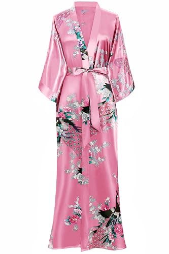 BABEYOND Women's Kimono Robe Long Robes with Peacock and Blossoms Printed 1920s Kimono Nightgown (Watermelonred)