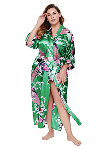 BABEYOND Women's Kimono Robe Long Robes with Peacock and Blossoms Printed 1920s Kimono Nightgown (Green)