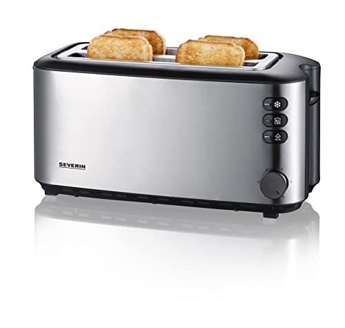 SEVERIN Automatic Long Slot Toaster, Toaster with Bun Attachment, High-Quality Stainless Steel Toaster with Large Roasting Chambers and 1400 W Power, Brushed Stainless Steel/Black, AT 2509
