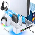 PS5/PS5 Slim Stand and Cooling Station with Controller Charging Station for Playstation 5 Console, PS5 Controller Charger with RGB, PS5 Accessories with 3 Levels Cooling Fan, Headset Holder, 3 USB Hub