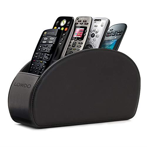 Londo Remote Control Holder with 5 Pockets - Store DVD, Blu-Ray, TV, Roku or Apple TV Remotes - PU Leather with Suede Lining - Slim, Compact Living or Bedroom Storage - Black