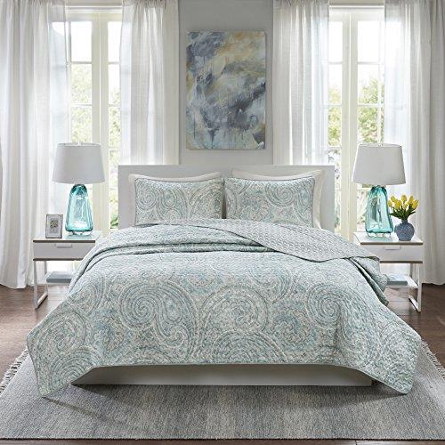 Comfort Spaces Quilt Set-Trendy Paisley Summer Cover, Cozy Coverlet Lightweight All Season Bedding Layer for Winter, Matching Shams, Full/Queen, Kashmir Paisley Blue
