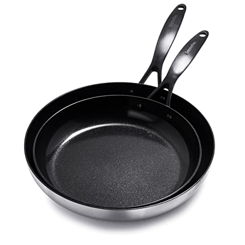 GreenPan Venice Pro Noir Tri-Ply Stainless Steel Healthy Ceramic Nonstick 26cm and 30cm Frying Pan Skillet Set, Matte Black Handle, PFAS-Free, Multi Clad, Induction, Dishwasher Safe, Oven Safe, Silver