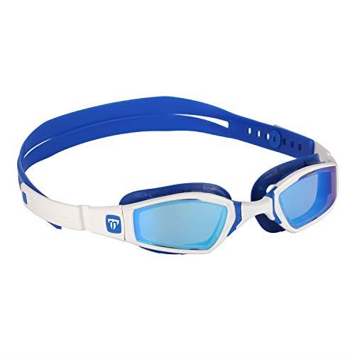Phelps Ninja Competitive Swim Goggles - Blue Titanium Mirror Lens, White & Blue Frame - Race Fit Strap System, Curved Lens Technology, Anti-Fog, UV Protection - The Perfect Fit Every Time
