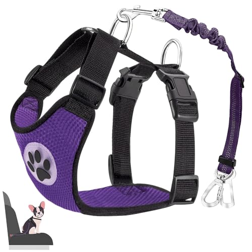 Lukovee Dog Safety Vest Harness with Seatbelt, Dog Car Harness Seat Belt Adjustable Pet Harnesses Double Breathable Mesh Fabric with Car Vehicle Connector Strap for Dog (Medium, Purple Seatbelt)