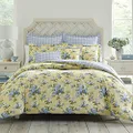 Laura Ashley - King Comforter Set, Cotton Reversible Bedding, Includes Matching Shams with Bonus Euro Shams & Throw Pillows (Cassidy Yellow, King)