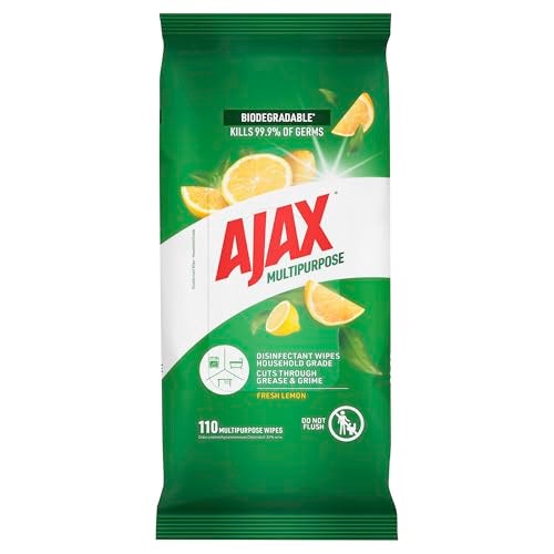 Ajax Multipurpose, Antibacterial Disinfectant Surface Cleaning Wipes, Bulk 110 Pack, Fresh Lemon