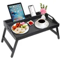 Breakfast Tray Table with Handles Folding Legs Bamboo Bed Tray with Media Slot,Foldable Platter Tray, Laptop Desk,snack,TV Bed Tray Kitchen Serving Tray (Black)