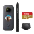 insta360 ONE X2 360 Camera with Touchscreen - 5.7K30 360 Video, Front Steady Cam Mode, 18MP 360 Photo + InstaPano | (120cm) & Lens Cap & 64GB Memory Card (INSTAONEX2-BUNDLE)