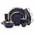 Stone Lain Porcelain 16 Piece Dinnerware Set, Service for 4, Blue and Golden Rim, Dark Blue