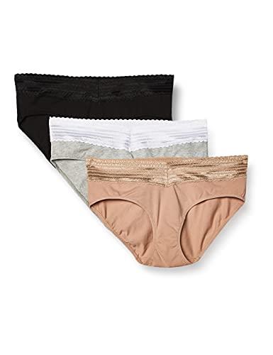 Warner's Women's Blissful Benefits No Muffin 3 Pack Cotton Hipster Panties, Toasted Almond/Black/Light Gray Heather, Medium