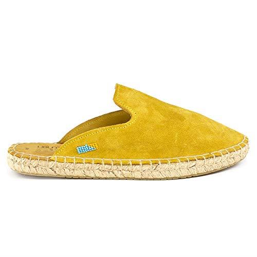 Ubuntu Life Women’s Mules – Handmade Genuine Leather Mules for Women, Slip On Slides with Nubuck Suede and Jute Sole, Mustard, 7 US