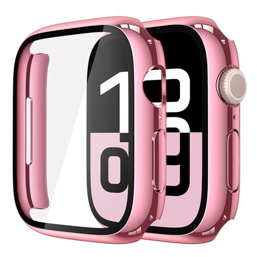 Misxi 2 Pack Hard PC Case with Tempered Glass Screen Protector Compatible with Apple Watch SE 3 (2025) SE 2 SE Series 6 Series 5 Series 4 44mm, 1 Rose Pink + 1 Transparent