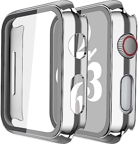 Misxi 2 Pack Hard PC Case with Tempered Glass Screen Protector Compatible with Apple Watch SE 2 (2024) SE Series 6 Series 5 Series 4 44mm, 1 Silver + 1 Transparent