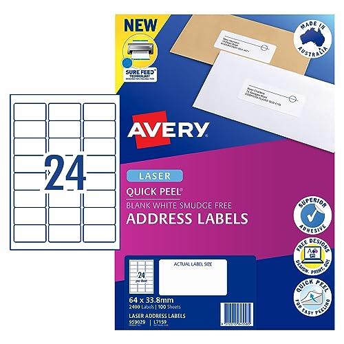 Avery Quick Peel A4 Labels for Laser Printers - Printable Packaging, Shipping & Address Labels - Mailing Stickers - White, 64 x 33.8 mm, 2400 Labels / 100 Sheets (959029 / L7159)