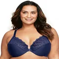 Glamorise Women's Plus Size Full Figure Front Close Lace T-Back Wonderwire Bra #1246, Blue, 12E