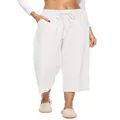 LNX Womens Linen Pants High Waisted Wide Leg Drawstring Casual Loose Trousers with Pockets, White, Large