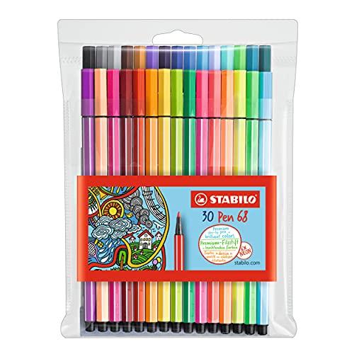 STABILO Pen 68 Premium Felt Tip Pen - Wallet of 30 Assorted Colours incl 6 Neon