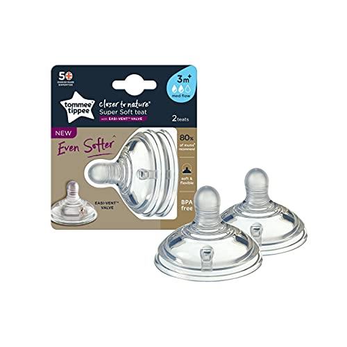 Tommee Tippee Closer to Nature Super Soft Silicone Baby Bottle Teats, Breast-like, Anti Colic Valve, Medium Flow, Pack of 2, 3 Months+