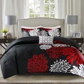 Comfort Spaces Enya Comforter Set-Modern Floral Design All Season Down Alternative Bedding, Matching Shams, Bedskirt, Decorative Pillows, Queen(90"x90"), Red/Black