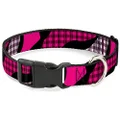 Buckle-Down Plastic Clip Collar - Buffalo Plaid Abstract White/Black/Fuchsia - 1/2" Wide - Fits 9-15" Neck - Large