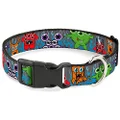 Buckle-Down PC-W30389-NL Cute Monsters Gray/Flame Blue Plastic Clip Collar, Narrow Large/9-15"