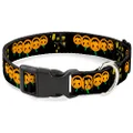 Buckle-Down Plastic Clip Dog Collar, Jack O Lanterns Haunted House Black/Yellow, 11 to 17 Inch Neck Size x 1.0 Inch Wide