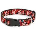 Buckle-Down Plastic Clip Dog Collar, Top Hat Pin Up Girl/Poker Chips Vertical Stripes Red/Black, 9 to 15 Inch Neck Size x 1.0 Inch Width