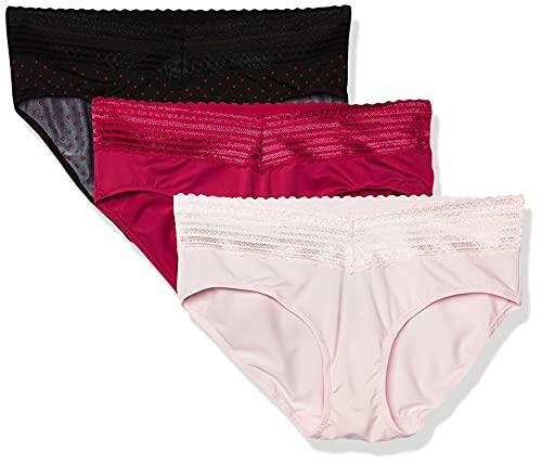 Warner's Womens Blissful Benefits No Muffin 3 Pack Hipster Panties, Pink/Sangria/Black Red Dot, Large