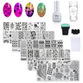 AIMEILI Nail Art Stamping Template Manicure Tool Kit, 5pcs Flower Geometric Owl Nail Stamping Plates, 2 Stamper, 2 Scraper, 1 Latex Tape Peel Off Liquid
