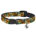 Cat Collar Breakaway Hibiscus Collage Blue Orange Yellow 8 to 12 Inches 0.5 Inch Wide