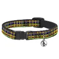 Cat Collar Breakaway Plaid Black Multi Neon 8 to 12 Inches 0.5 Inch Wide