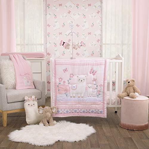 NoJo Little Love Sweet Llama & Butterflies Floral Pink & Purple 3Piece Mini Crib Bedding Set - Comforter & 2 Mini Crib Sheets, Pink, Ivory, Lavender, Light Green