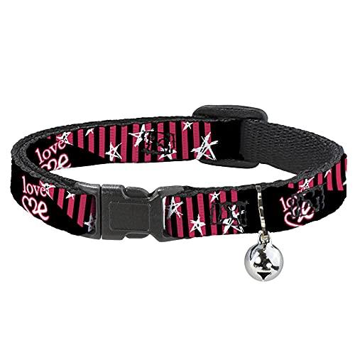 Buckle-Down Breakaway Cat Collar with Bell, Love Me Sketch Stars Stripes Black Fuchsia White, 8.5 to 12 Inches Length x 0.5 Inch Wide