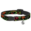 Cat Collar Breakaway Floral Collage2 Black Red Orange Green 8 to 12 Inches 0.5 Inch Wide